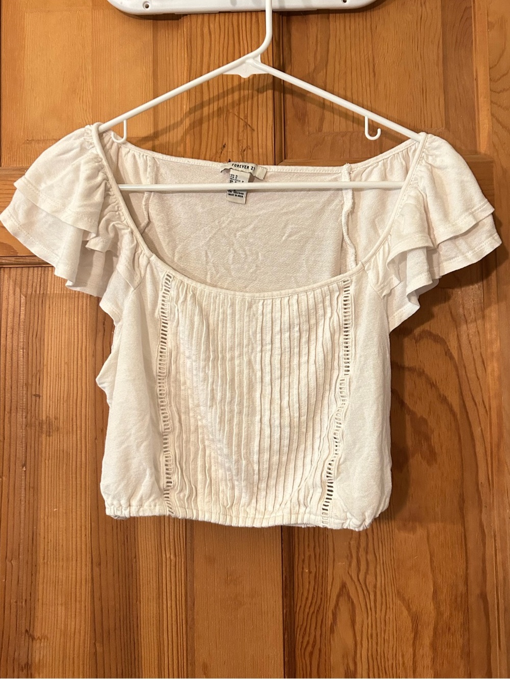 Forever 21 White Ruffle Sleeve Pintuck Crop Top